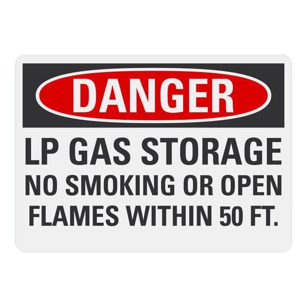A white Lavex aluminum safety sign with red and black text that reads "Danger LP Gas Storage No Smoking Or Open Flames Within 50 Ft."