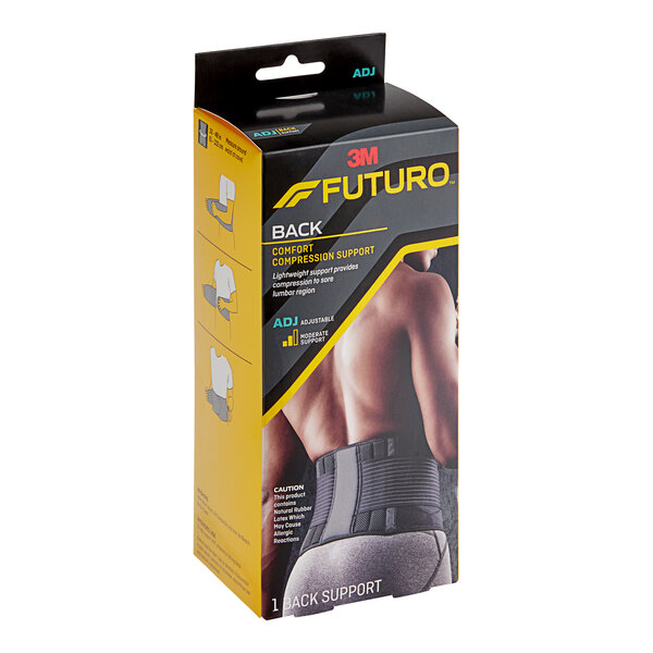 The yellow and black packaging for 3M Futuro back support belt with a picture of a person's back.