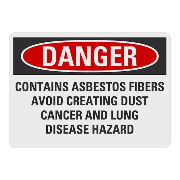 A white rectangular Lavex safety label with black text that says "Danger / Contains Asbestos Fibers / Avoid Creating Dust / Cancer And Lung Disease Hazard"