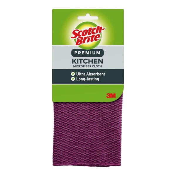 A package of 3M Scotch-Brite purple microfiber kitchen cloths with a green and white label featuring the 3M logo.