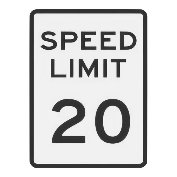 A white and black reflective aluminum sign reading "Speed Limit 20"
