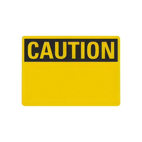 A yellow and black "Caution" sign on a white background.