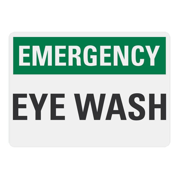 A green and white rectangular sign with white text reading "Emergency / Eye Wash" above a white "Emergency Eye Wash" symbol.