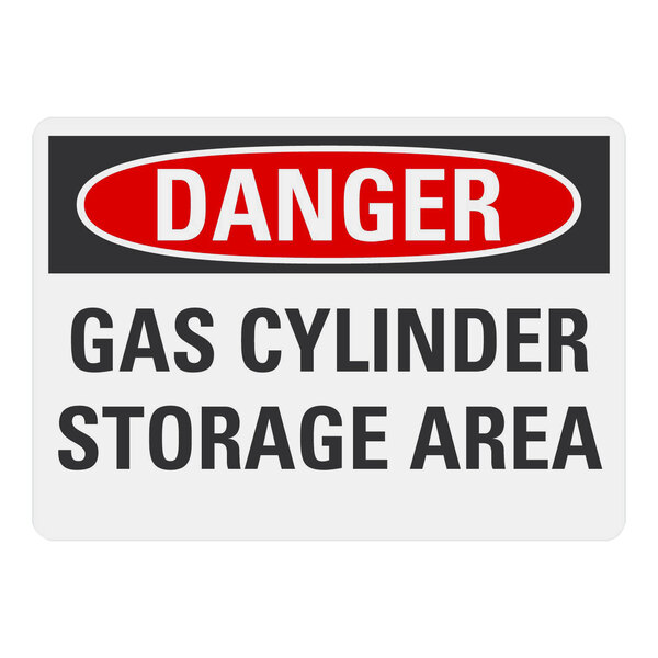 A white rectangular plastic sign with black text that reads "Danger / Gas Cylinder Storage Area" above the words "Lavex" and "10" x 7""