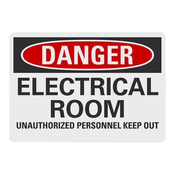 A white Lavex plastic safety sign reading "Danger Electrical Room Unauthorized Personnel Keep Out" with black text.