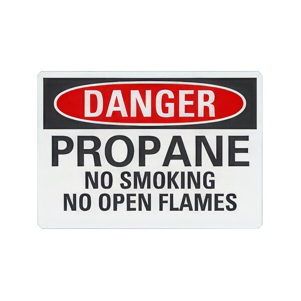 A white rectangular plastic safety sign with red and black text that reads "Danger / Propane / No Smoking / No Open Flames"