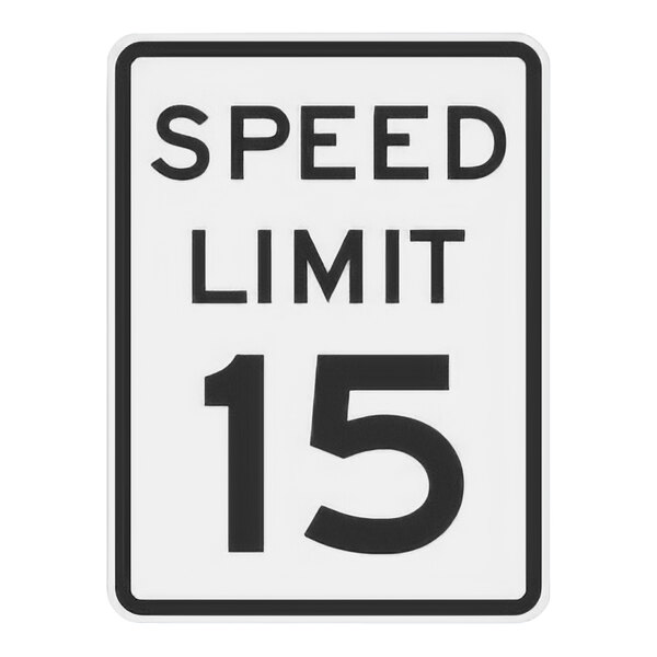 A white and black Lavex aluminum speed limit sign with the number 15 in black.