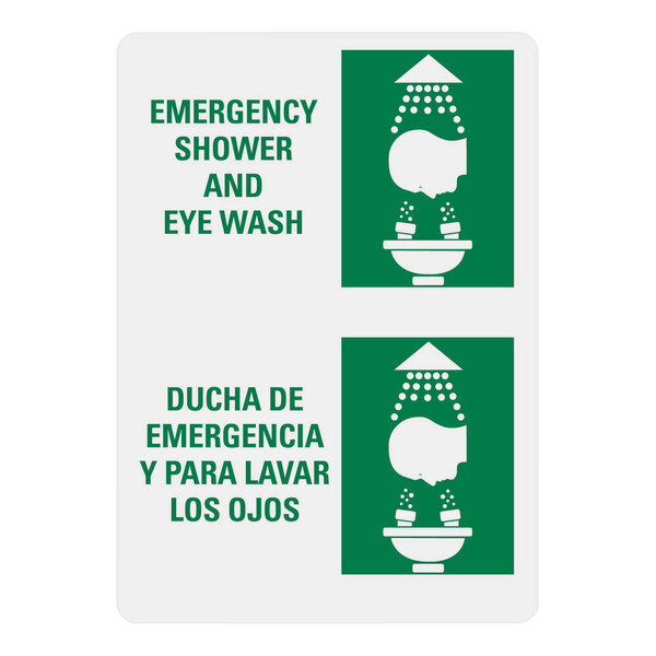 A white and green Lavex plastic safety sign with symbols for an emergency shower and eye wash and text in English and Spanish.