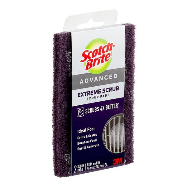 A box of 2 3M Scotch-Brite Extreme Scrub Scouring Pads with purple and white packaging.