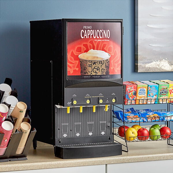 A Curtis Cafe Series Primo cappuccino machine with a sign on it.