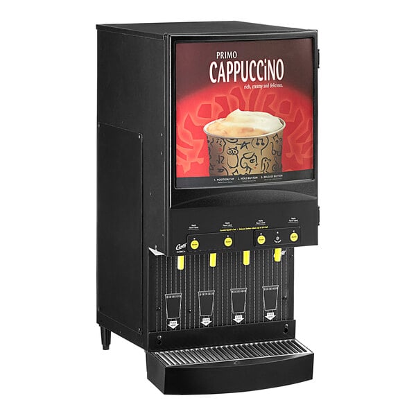 A black Curtis Cafe Series Primo cappuccino machine with a red and white sign above it.