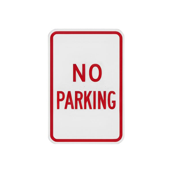 A white rectangular Lavex sign with red text reading "No Parking" on it.