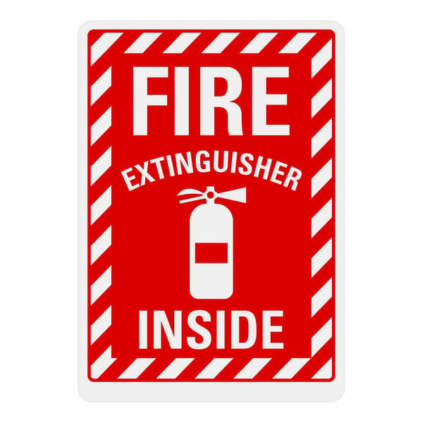 A white rectangular sign with red and white text that says "Fire Extinguisher Inside"