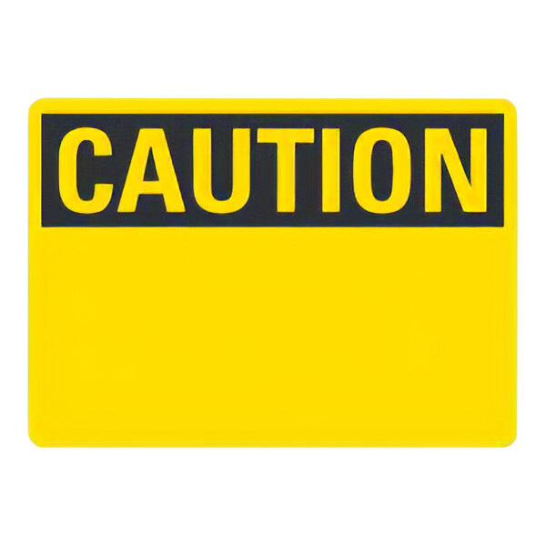 A yellow and black "Caution" sign with white lettering on a black background.