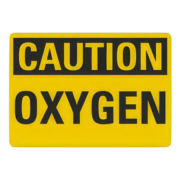 A yellow and black sign that says "Caution / Oxygen" in black letters.