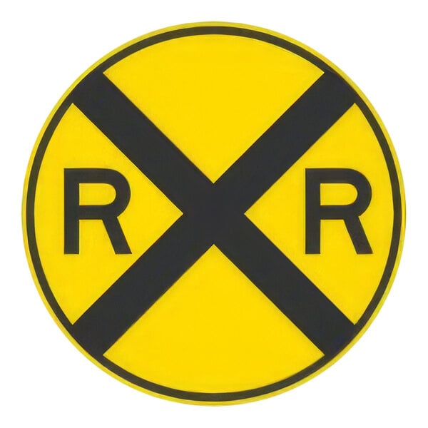 A white and yellow aluminum railroad crossing sign with the word "RR" in black.
