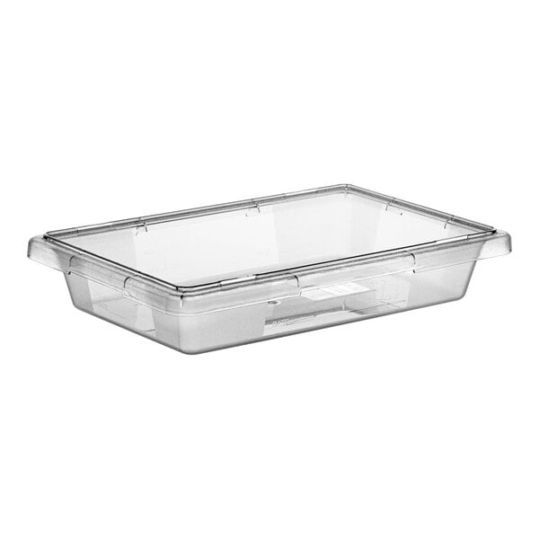 A clear polycarbonate food storage box with a clear lid.