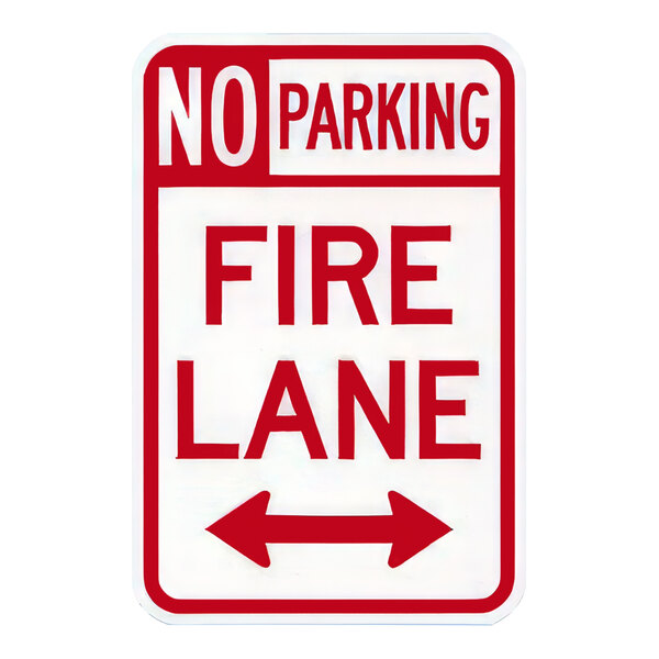 A white sign with red and white text reading "No Parking" with a red stripe above.