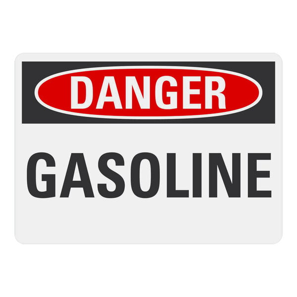 A white rectangular Lavex adhesive vinyl safety label with red and black text reading "Danger Gasoline"