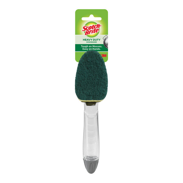 A 3M Scotch-Brite heavy-duty soap dispensing dish wand with a green sponge on a plastic handle.