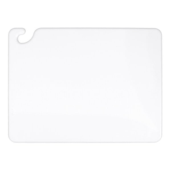 A white rectangular San Jamar cutting board with a hole in the corner.