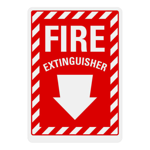 A red and white rectangular aluminum sign with white text and a white arrow that says "Fire Extinguisher" with an arrow pointing down.