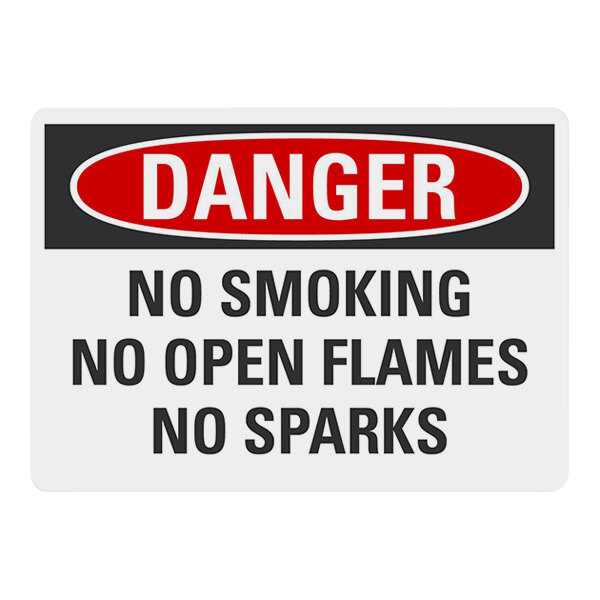A Lavex safety sign with black text on reflective aluminum that says "Danger / No Smoking / No Open Flames / No Sparks" in a red circle.