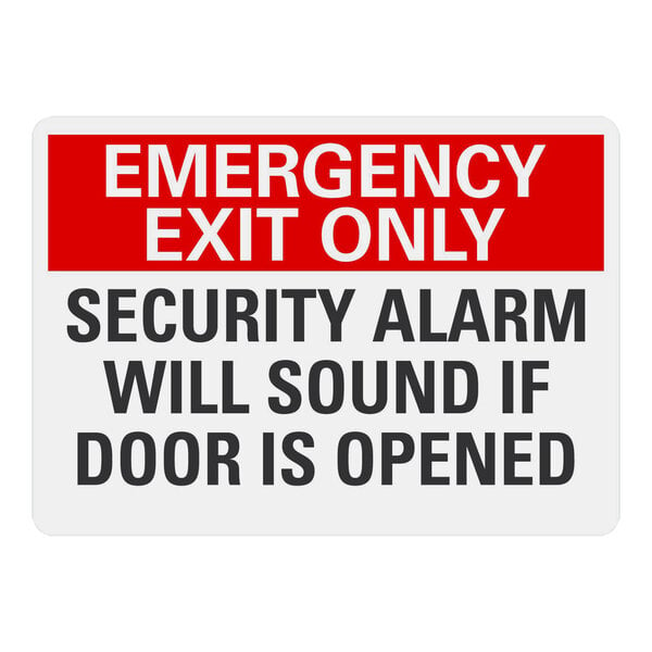 A Lavex adhesive vinyl safety label for emergency exits with text that reads "Emergency Exit Only / Security Alarm Will Sound If Door Is Opened"