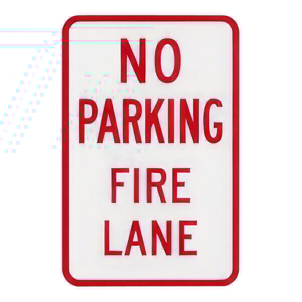 A white and red Lavex aluminum sign that says "No Parking / Fire Lane" in red.