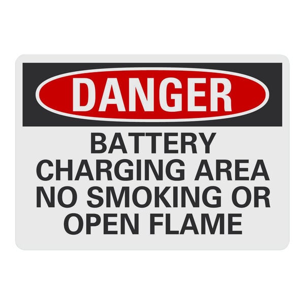 A white rectangular aluminum sign with black text that reads "Danger Battery Charging Area No Smoking Or Open Flame"