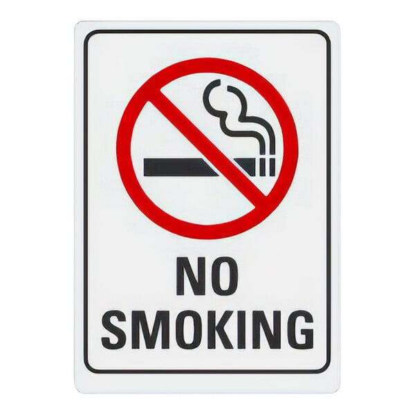 A white rectangular aluminum sign with "No Smoking" in black text and a red circle with a black border and no-smoking symbol.