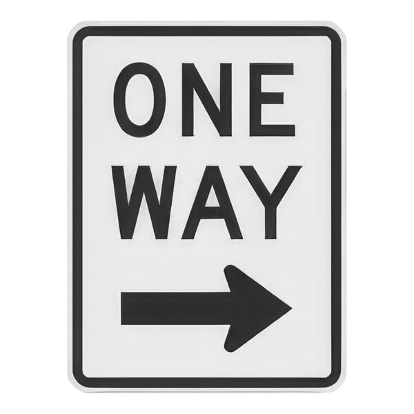 A white and black Lavex aluminum sign reading "One Way" with a right arrow pointing down.