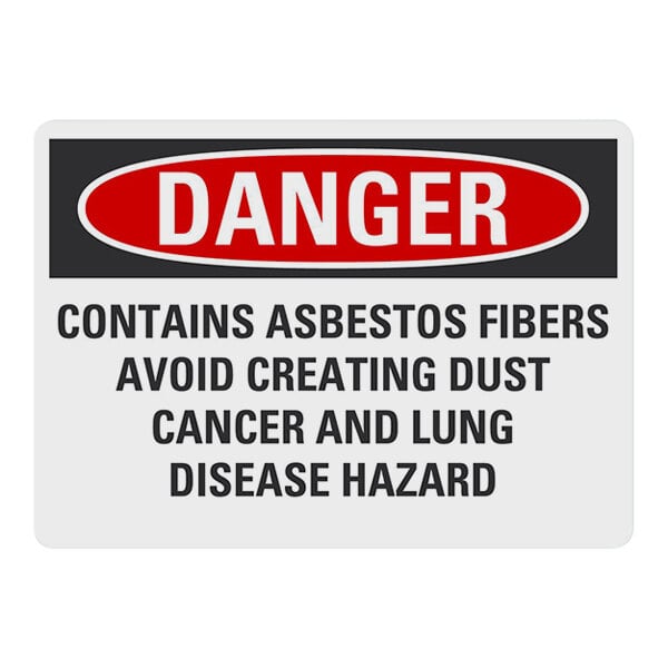 A white Lavex safety label with black text that says "Danger / Contains Asbestos Fibers / Avoid Creating Dust / Cancer And Lung Disease Hazard"