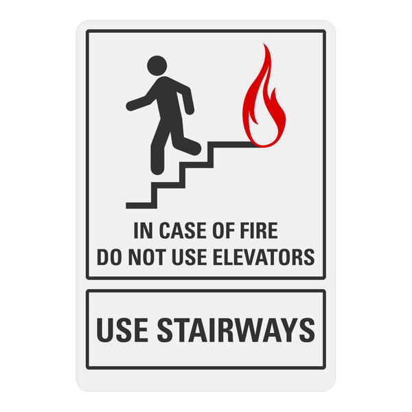 A white rectangular safety label with black text and a black and white silhouette of a person walking down stairs with a red flame above it.