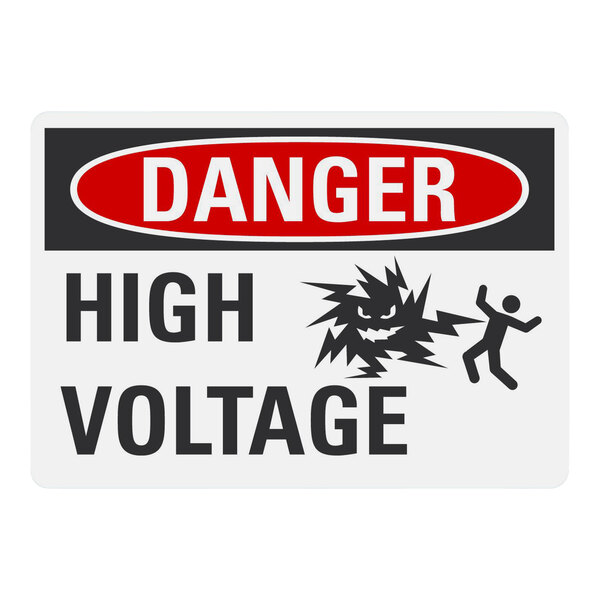 A white rectangular Lavex aluminum sign with the words "Danger High Voltage" and an image of a man falling.