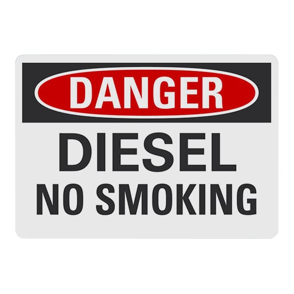 A white rectangular Lavex plastic safety sign with red and white text that reads "Danger Diesel No Smoking"