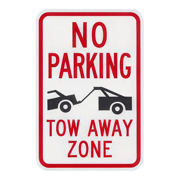 A white and red reflective aluminum sign that says "No Parking / Tow Away Zone" with the Lavex logo.