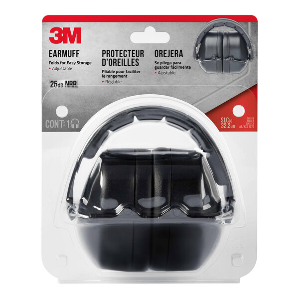3M black folding over-the-head earmuffs in a package.