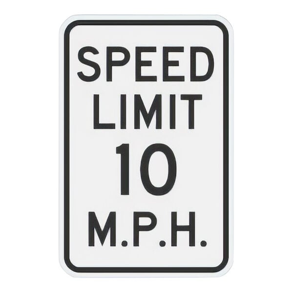 A white and black rectangular aluminum sign with black text that says "Speed Limit 10 M.P.H."