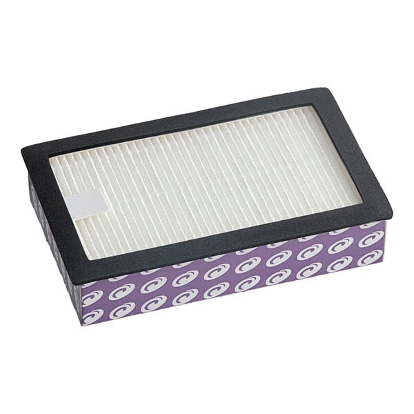 A rectangular HEPA filter cartridge designed for ProTeam backpack and upright vacuums.