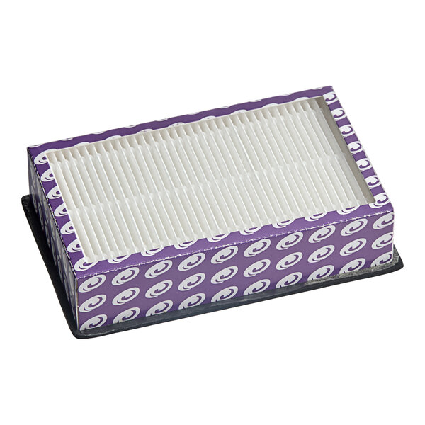 A rectangular HEPA filter cartridge for backpack and upright vacuums, featuring a pleated white filter element in a purple patterned frame.