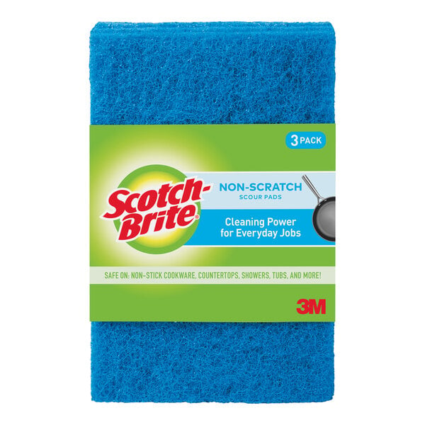 A blue 3M Scotch-Brite non-scratch scouring pad with a green label.