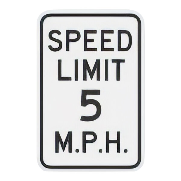 A white rectangular sign with black text reading "Speed Limit 5 M.P.H."