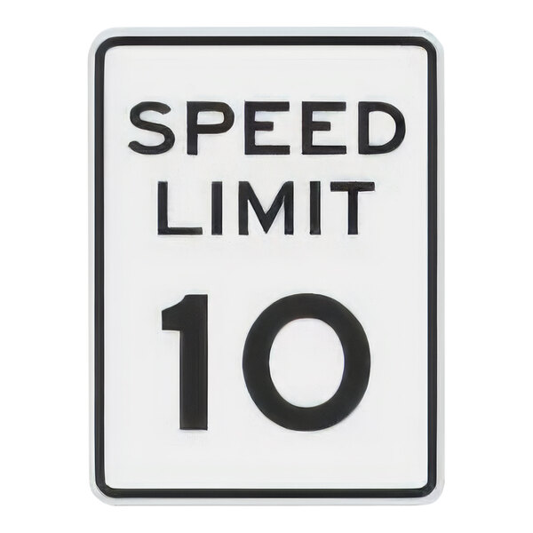 A white and black reflective aluminum speed limit sign with the number 10 in black.