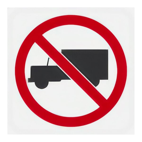 A white and red rectangular sign with a truck crossed out.