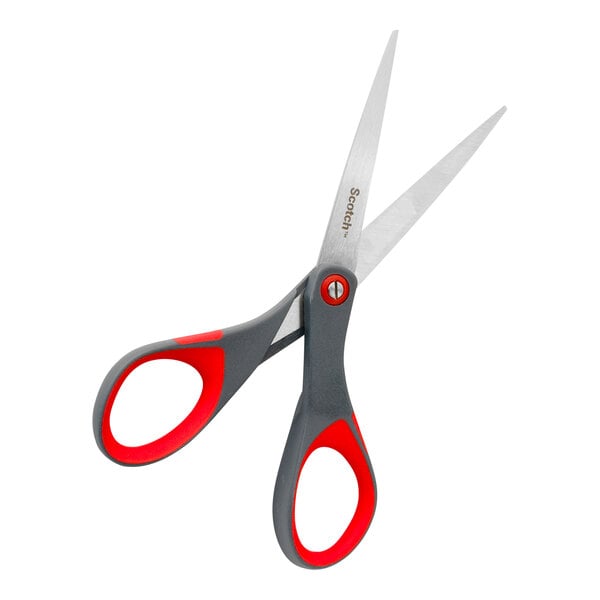 3M Scotch stainless steel precision scissors with red and dark gray handles.