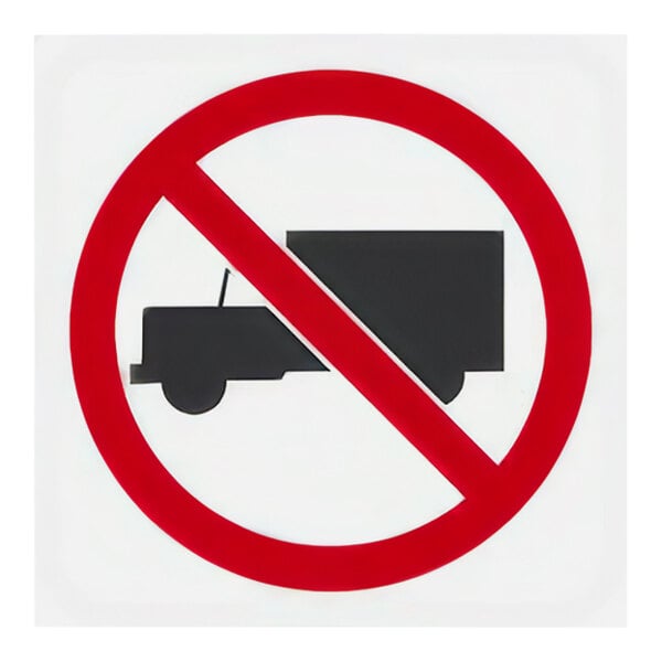 A white rectangular sign with red and black text and a truck in the middle.
