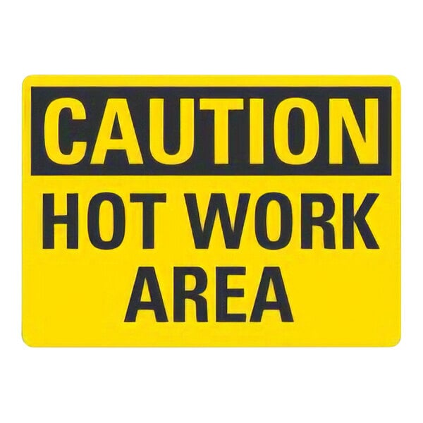 A yellow sign with black text reading "Caution Hot Work Area" on a black background.