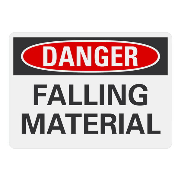 A white rectangular Lavex adhesive vinyl safety label with black text reading "Danger Falling Material"