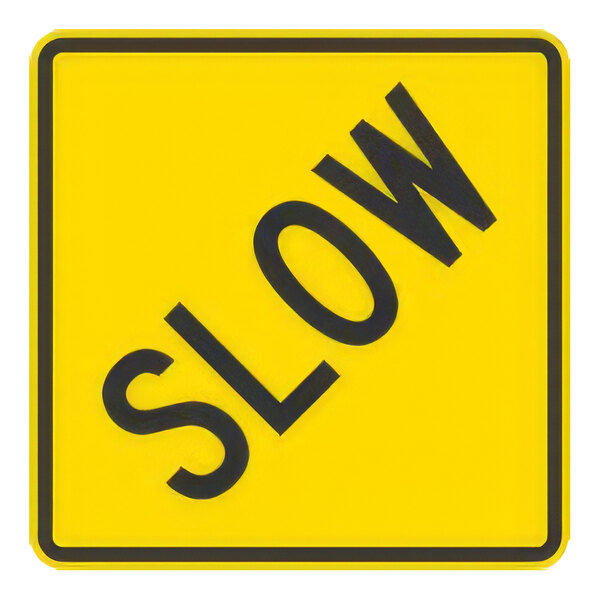 A white Lavex aluminum sign with yellow and black letters that says "Slow"